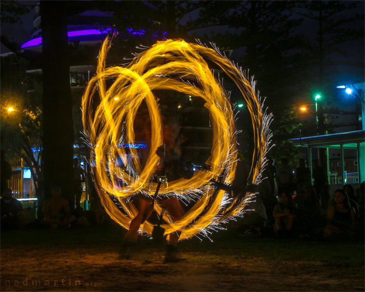 Fire twirling at Burleigh Bongos, Justins Park, Burleigh Heads