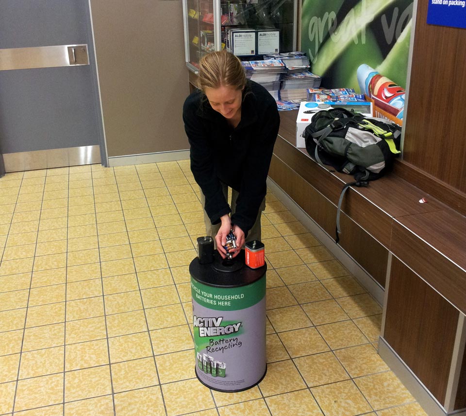 Bronwen doing the right thing, and recycling batteries at ALDI