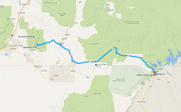 We drove from Springdale, Utah to Zion National Park, Utah, then on to a Walmart Supercenter near Page, Arizona