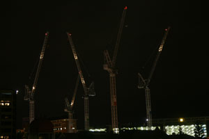 Cranes in South Brisbane, seen from The Goodwill Bridge