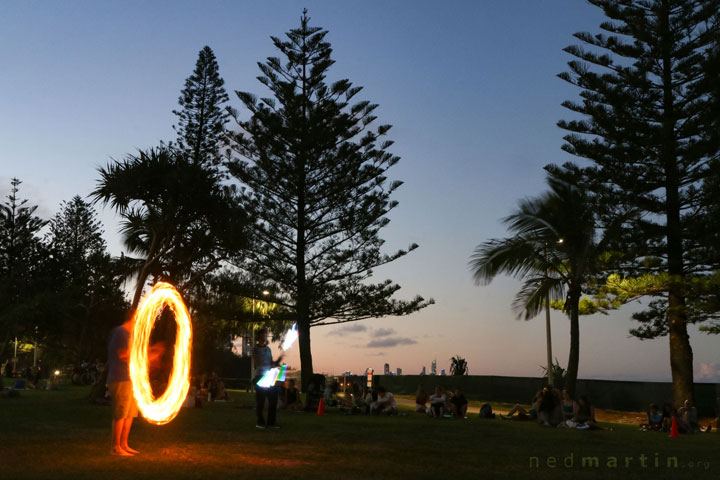 Acro and fire twirling at the last ever Burleigh Bongos Fire Circle, Justins Park, Burleigh Heads