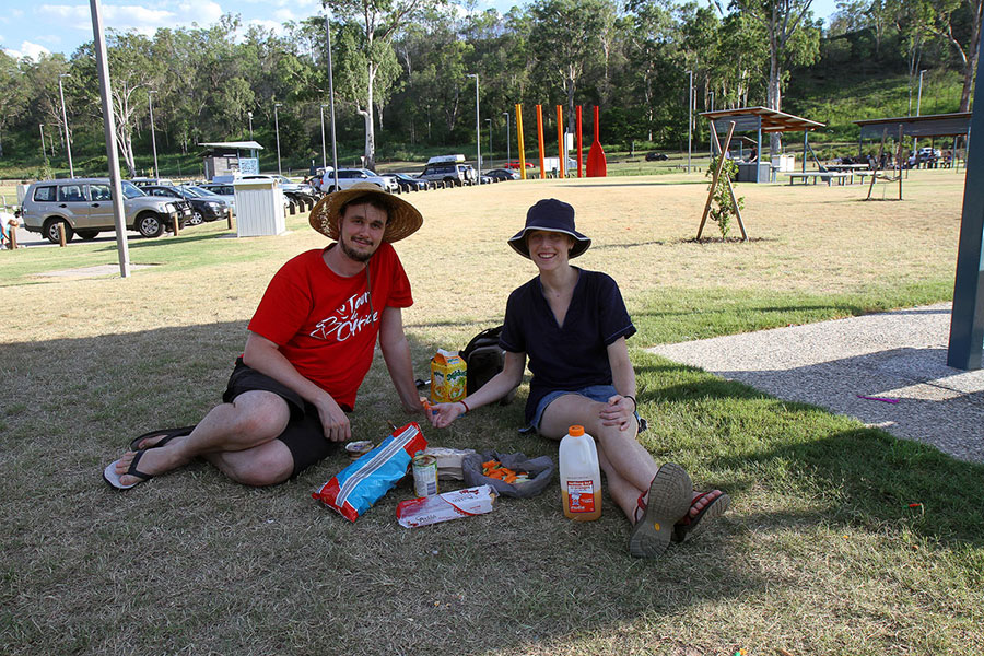 Ned and Bronwen enjoy their picnic in one of the few shady spots at College’s Crossing.