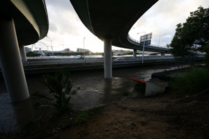 Flooding under the expressway in the city