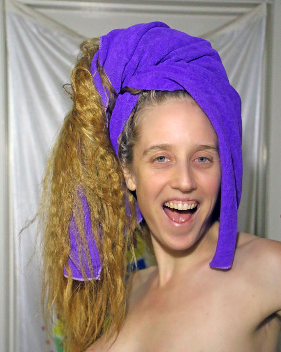 Bronwen drying her frizzy hair