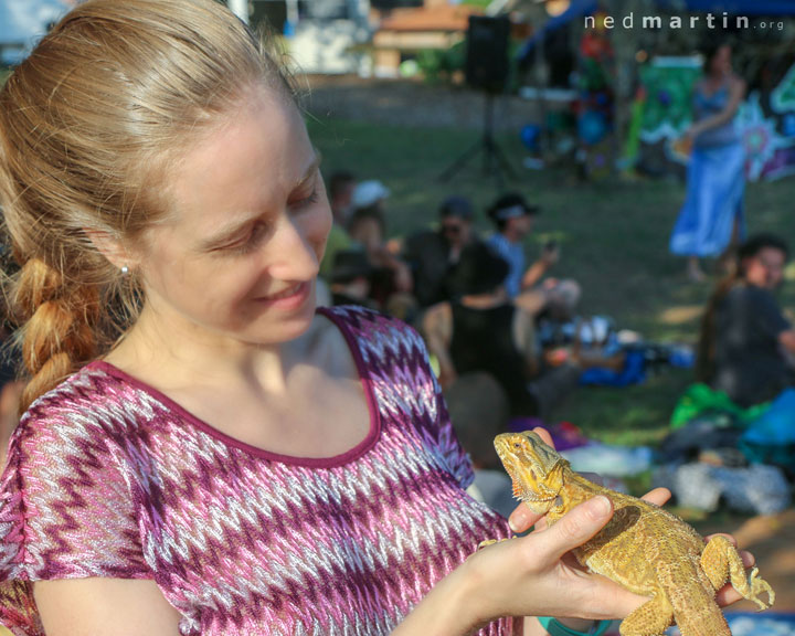 Bronwen admiring a lizard at the Process at Orleigh Park