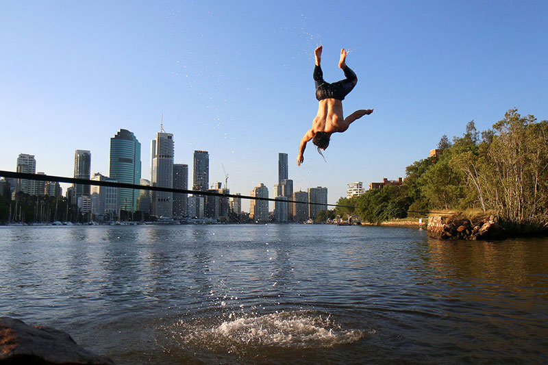 The “the moment he realises he is a long way from the ground”