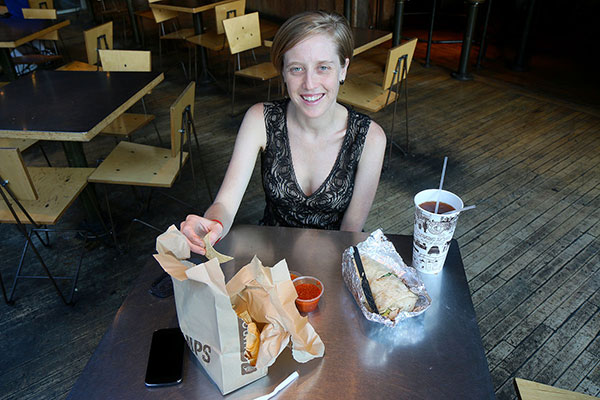 Bronwen on her very first visit (of many) to Chipotle