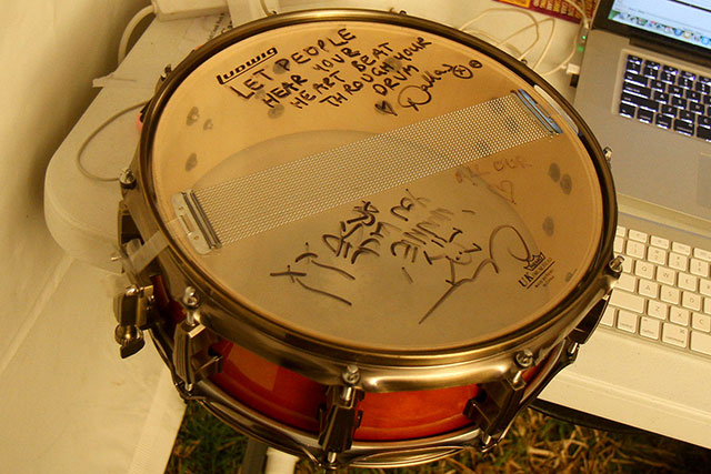 A drum signed by Dallas Frasca