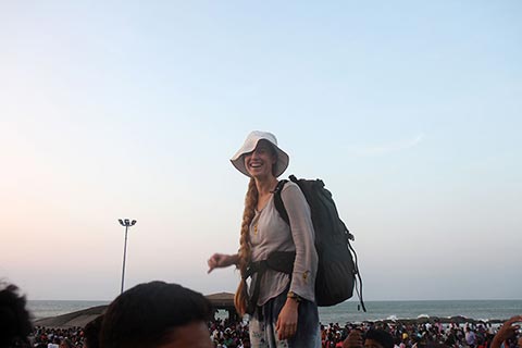 Bronwen delighted by the crowds of pilgrims watching the sun rise at Cape Comorin