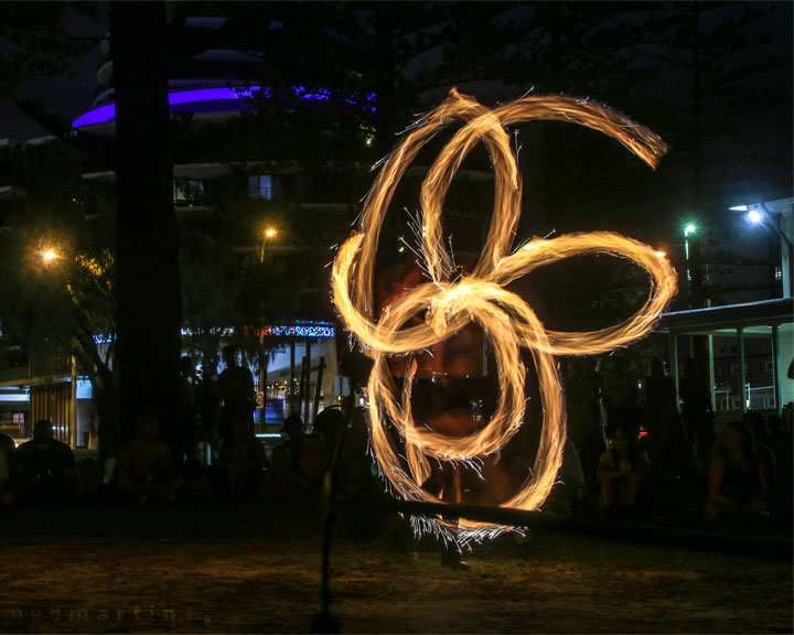 Fire twirling at Burleigh Bongos, Justins Park, Burleigh Heads