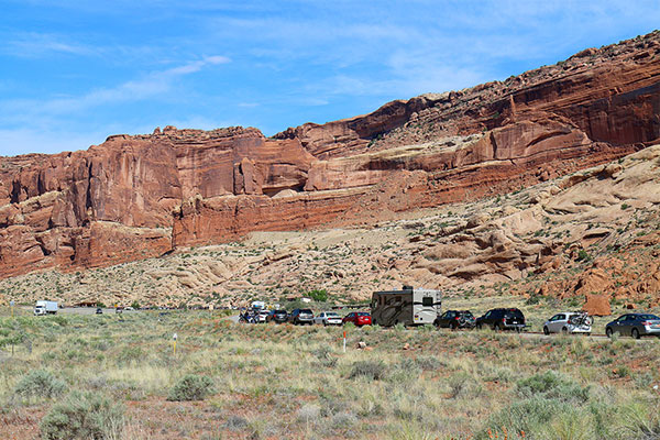 Cars queued up for entry into Arches National Park