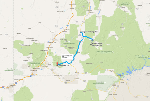 We drove from Knights Inn, Panguitch, Utah to Bryce Canyon National Park, then on through Zion National Park to Sprindgdale, Utah