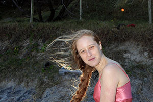 Bronwen in the wind, Alexandria Bay, Noosa National Park