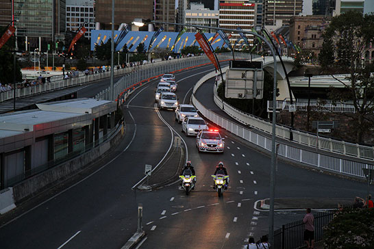 A typical motorcade heading towards South Bank. This was a small motorcade. Higher risk people had much larger ones.