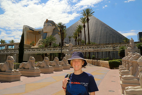 Bronwen trying to pose in front of Luxor, Las Vegas