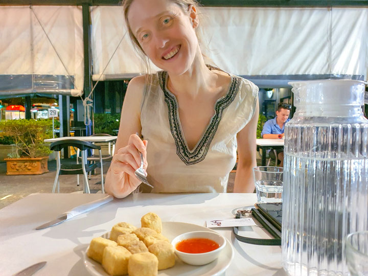 Bronwen having dinner at The Loving Hut