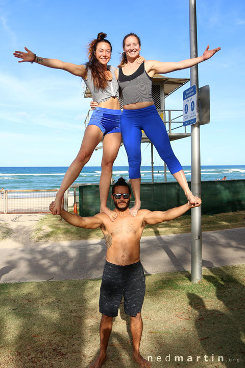 Josh trying to sell women on the beach — with Sophia Edwards, Josh BG & Ana Stevanovic at Justins Park, Burleigh Heads