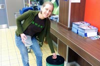 Bronwen recycling batteries at ALDI