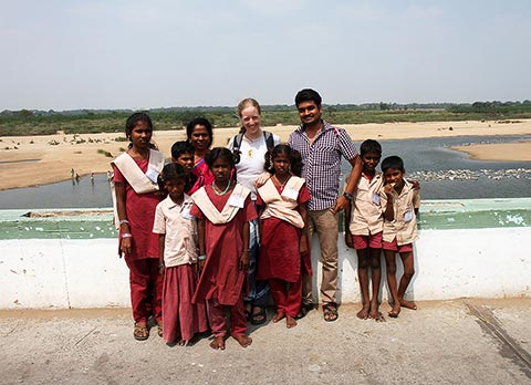 Bronwen meets a teacher and his students at Kallanai Dam