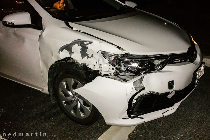 Damage caused to the hire car when it hit a kangaroo outside Cooma