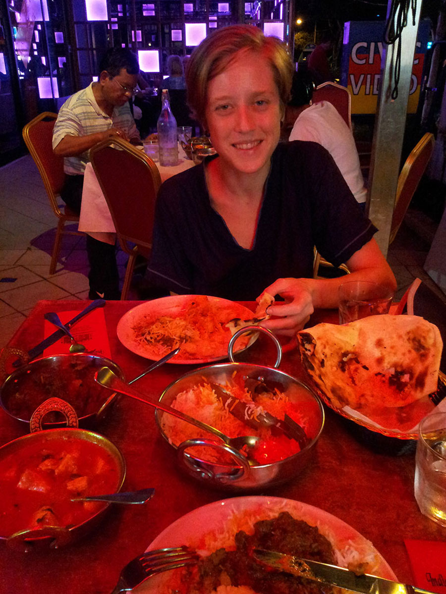 Bronwen eating curry at Halim’s Indian Taj.