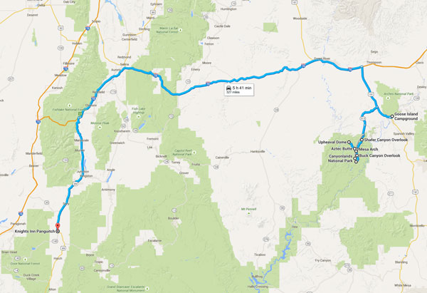 We drove from Goose Island Campground at Moab, Utah to Canyonlands National Park, then on to Panguitch, Utah