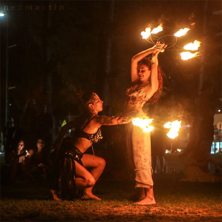 Fire twirling at Burleigh Bongos, Justins Park, Burleigh Heads