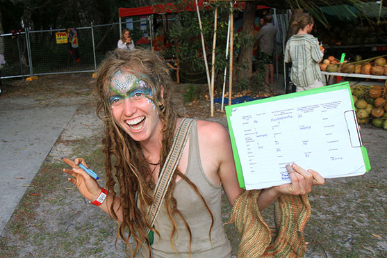 Cerise with her clipboard again but now with a painted face, hard at work as usual