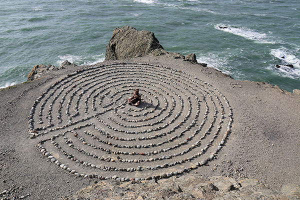 Bronwen at the centre of Eagle Point Labyrinth in the park at Land’s End