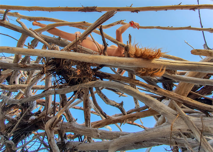 Bronwen climbing on a driftwood hut, Woody Bay, Bribie Island