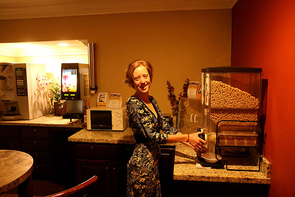 Bronwen getting breakfast at our hotel