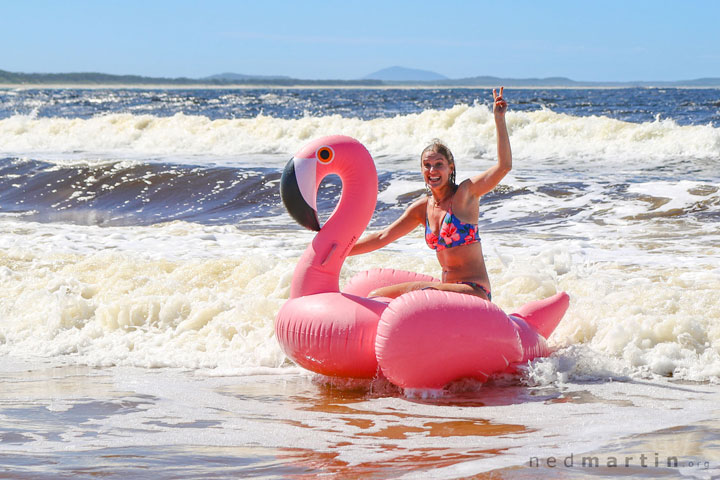 Jacqui proving women can ride flamingos