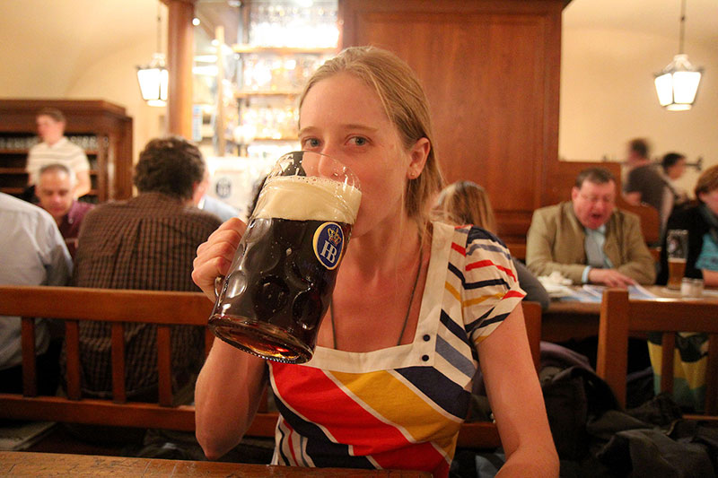 Bronwen drinking beer, Munich, Germany