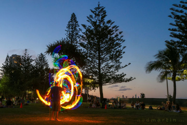 Acro and fire twirling at the last ever Burleigh Bongos Fire Circle, Justins Park, Burleigh Heads