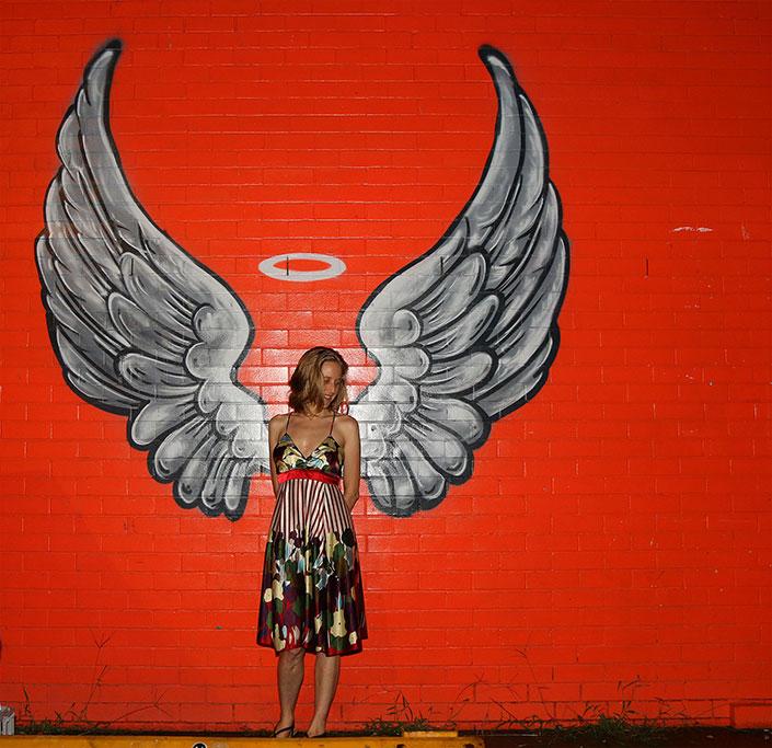 Bronwen with wings at the Motor Room