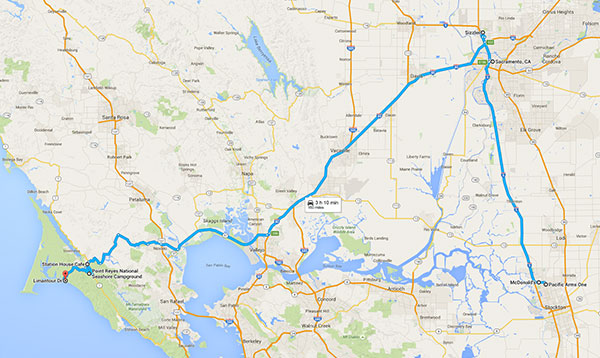 We drive from Stockton, California to Sacramento, California and then on to Point Reyes, California.