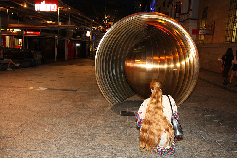 Bronwen at the Gestation Sculpture, Queen Street Mall