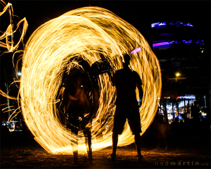 Fire twirling at Burleigh Bongos, Justins Park, Burleigh Heads