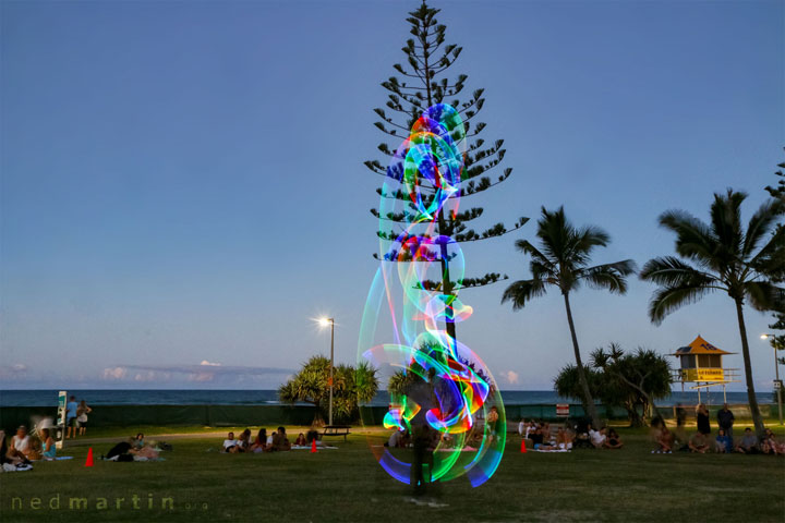 Acro and fire twirling at the last ever Burleigh Bongos Fire Circle, Justins Park, Burleigh Heads