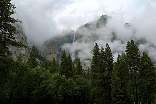 Yosemite Falls through the clouds