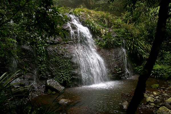 A waterfall flows into a small rock pool