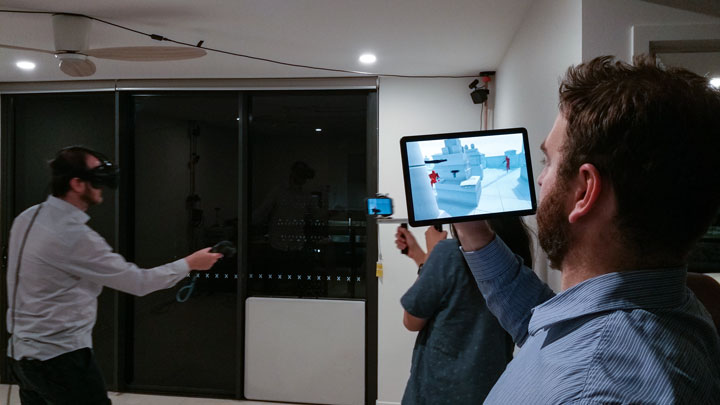 Chang-Yi, Maz and Mark playing virtual reality games and using Chang-Yi’s ViewR software to view the virtual world, Indooroopilly