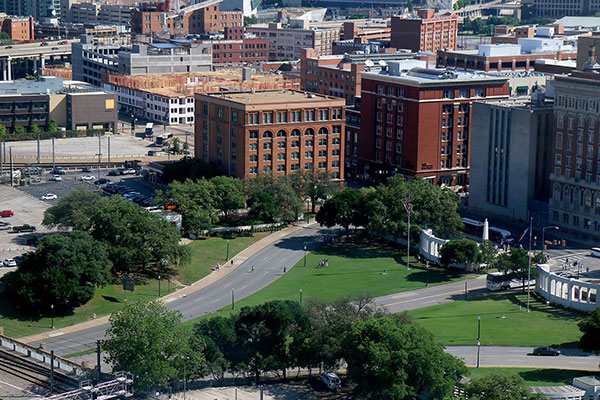 The site where JFK was shot, seen from our hotel window