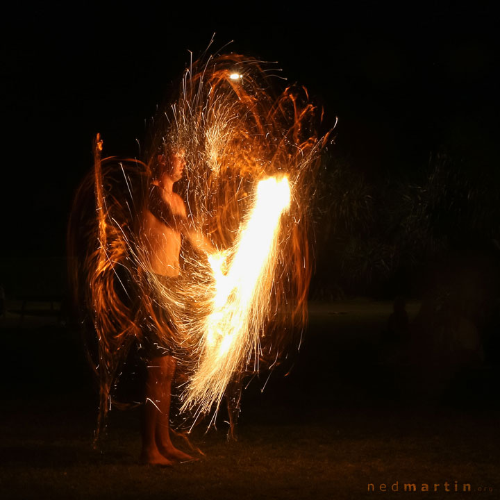 Acro and fire twirling at the last ever Burleigh Bongos Fire Circle, Justins Park, Burleigh Heads