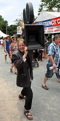 Bronwen filming, Woodford Folk Festival