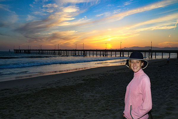 Bronwen and the setting sun at Venice Beach
