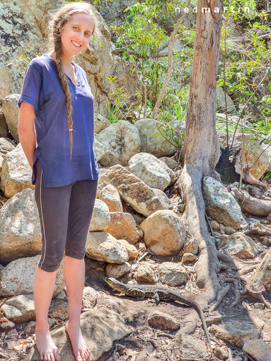 Bronwen with a goanna, Lower Portals