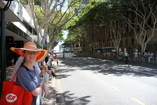 Bronwen waiting for a motorcade to arrive