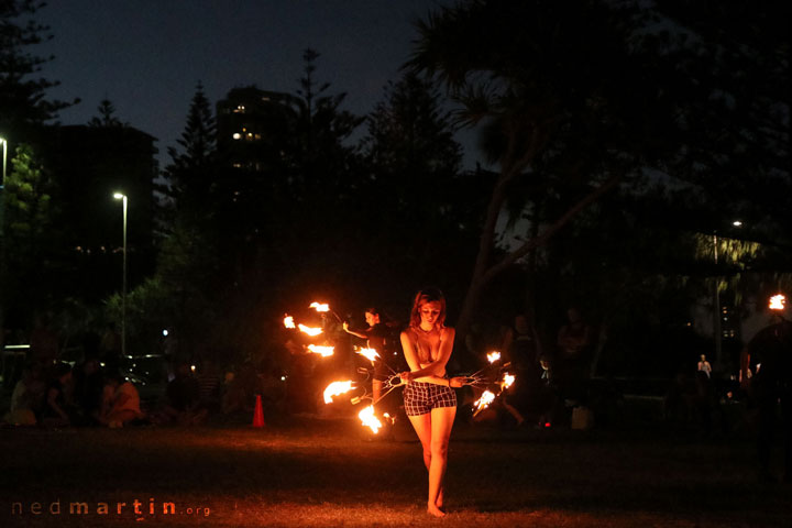 Acro and fire twirling at the last ever Burleigh Bongos Fire Circle, Justins Park, Burleigh Heads