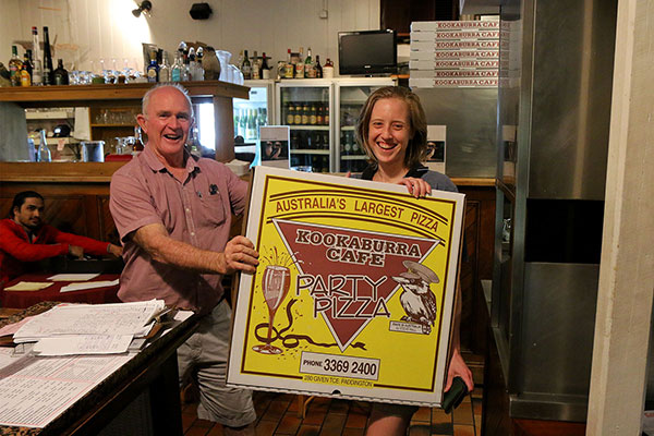 Steve giving Bronwen Brisbane’s biggest pizza box. Useful as a costume party outfit, we’re told.